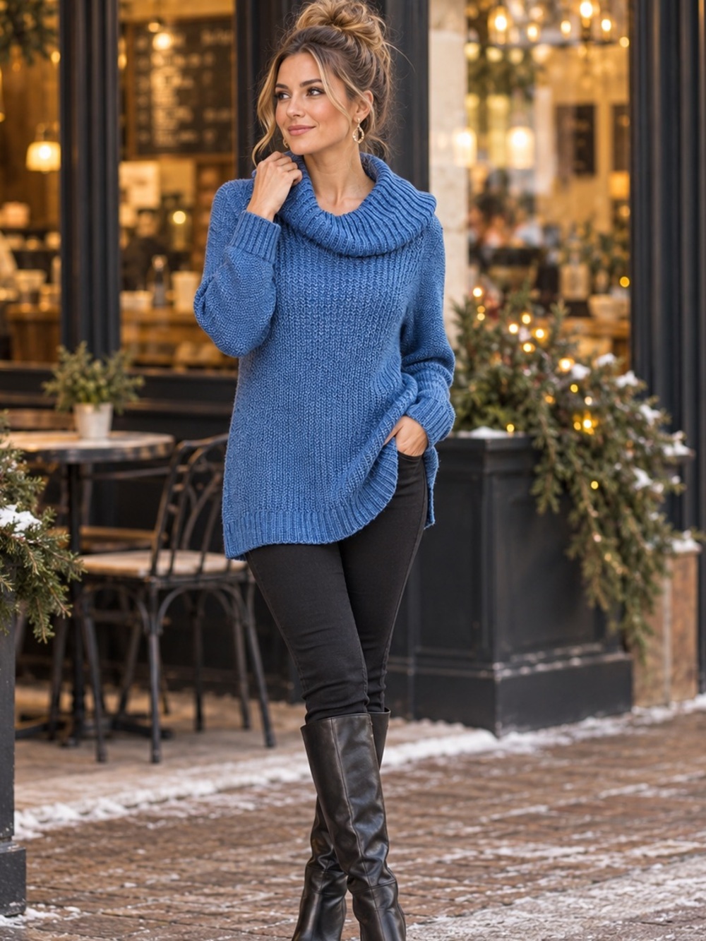 Jones New York Signature M Blue Cowl Neck Open Knit Sweater Tunic